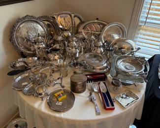 Sterling silver, silver plate, platters, chafing dishes, bowls,  and more! 