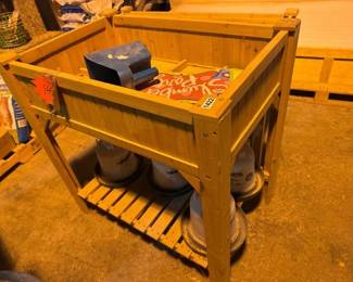 WOODEN GARDEN TABLE WITH CHICKEN FEEDERS, ETC