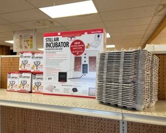 STILL AIR INCUBATOR, HEAT LAMP BULBS AND EGG CARTOONS