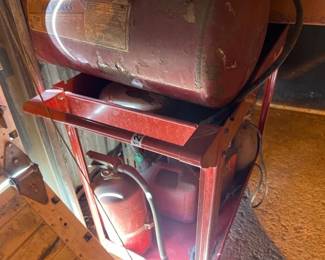 ROLLING METAL CART, AIR TANK, FIRE EXTINGUISHER, SPRAYER, MISC.
