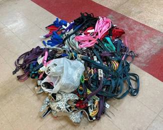 LOT OF PET LEASHES , HARNESS, ETC