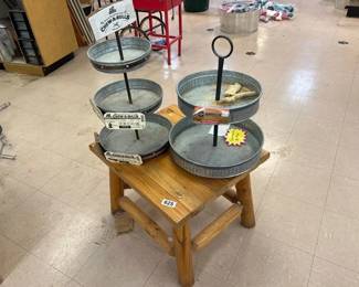 WOODEN END TABLE, 2 TIERED GALVANIZED DOG TREAT DI...