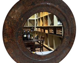 Round Hammered Rusted Metal Style Wooden Wall Mirror