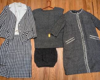 L to R: Carriage House 3 piece skirt suit, hand knit pieces, and unmarked shift