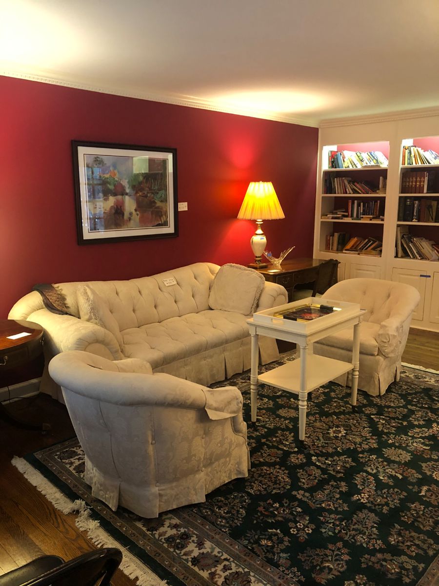 Baker white Damask sofa and chairs, Persian style rug, white serving cart