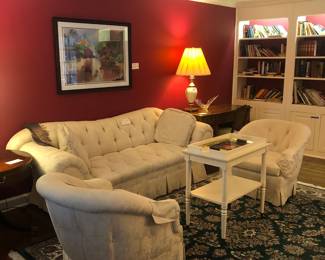 Baker white Damask sofa and chairs, Persian style rug, white serving cart