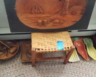 Large wood carving; rustic stool