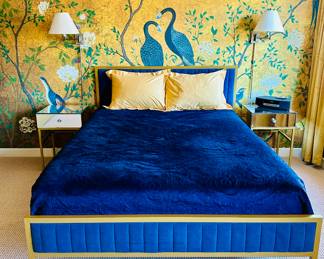 Gold Frame Queen Platform Bed with Blue Velvet Upholstery headboard and footboard.  Bedding shown included. Headboard is 62.5" W x 42.5" H