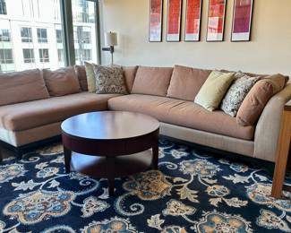 L-shaped 2-piece sectional sofa by Kravet Furniture. (Overall dimensions: 10'4" x 7'4"). Each section is 88"W x 36"D x 31"H and has a right arm. Rug is 10'1" x 7'11".