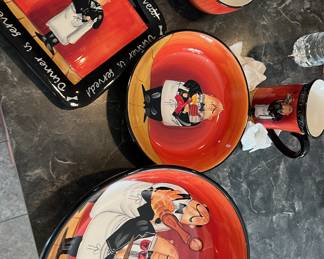 Ceramic dishes Tracy Flickinger “Dinner is Served” pattern