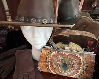 Vintage leather hat vintage brown leather gloves peacock feathered purse