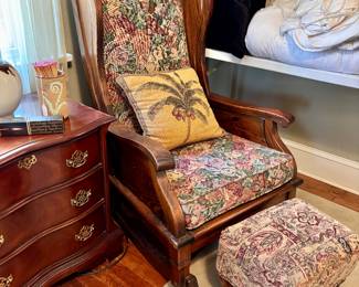 Vintage tapestry covered rocking chair and foot stool.