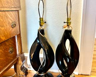 Black Ceramic Mid Century Modern Lamps (2) - Eternal Flame Helix Design MCM