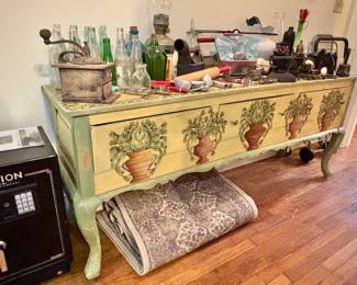 Vintage One Of A Kind Painted Cabinet adorned with collectable treasures!
