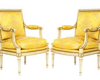Lot 174: Pair French Louis XVI Carved Painted & Gilt Chairs