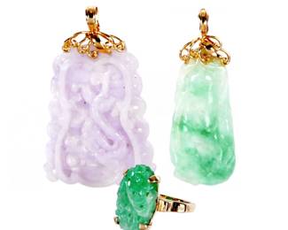 Lot 109: Three Piece 14k Gold and Jadeite Pendants and Ring
