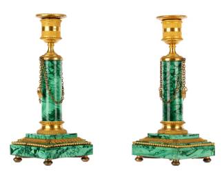 Lot 20: Pair Russian Style Malachite and Bronze Candlesticks