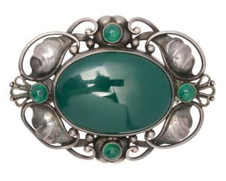 Lot 98: Georg Jensen Silver and Green Agate Brooch #171