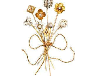 Lot 118: Brooch with Mostly 14k Gold & Diamond Stick Pins