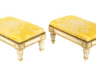 Lot 176: Pair French Louis XVI Carved Painted & Gilt Foot Stools