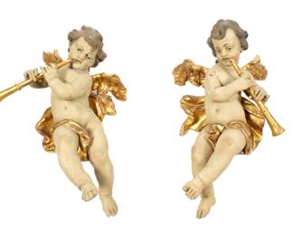 Lot 190: Pair Large Carved Painted and Giltwood Cherubs
