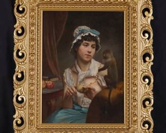Lot 67: Portrait of Girl Feeding a Monkey Painting