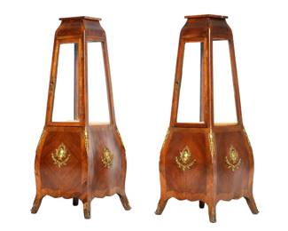 Lot 14: Pair French Empire Style Banded Rosewood Obelisk Form Vitrine Cabinets
