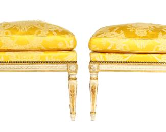 Lot 175: Pair French Louis XVI Carved Painted & Gilt Stools