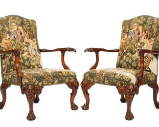Lot 212: Pair Maitland Smith Carved Needlepoint Armchairs