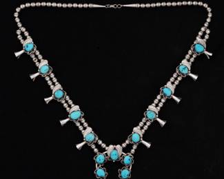 Lot 108: Silver and Turquoise Squash Blossom Necklace