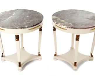 Lot 32: Pair French Round Marble Top Occasional Tables
