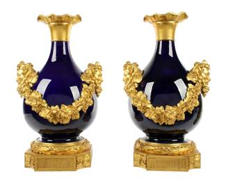Lot 5: Pair French Gilt Bronze and Porcelain Urns