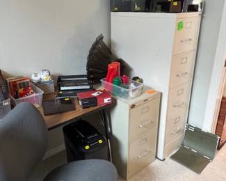Lots of Office Chairs, Desk, Floor chair sliders, File Cabinets , Paper Shredder, etc.