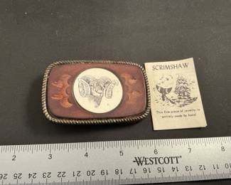 Scrimshaw ram belt buckle