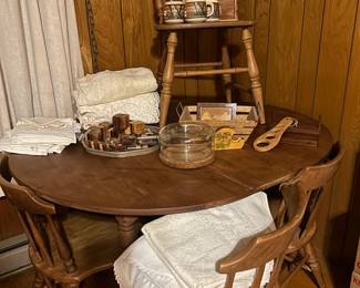 Dining set, lace table clothes, handmade wooden items, equestrian painted tape dispenser 