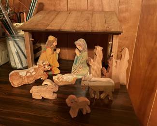 Handmade, handpainted wooden Nativity. One piece is marked Hamilton Morse. Probably locally made.