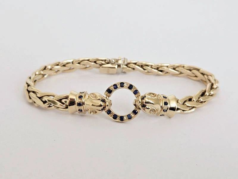 Italy 14K Gold with Blue Gemstones (Sapphires) Lion Head Design Bracelet - 7 1/4" (15.4 Grams)