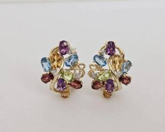 14K Gold with Gemstones (Blue Topaz, Citrine, Amethyst, Garnet, Peridot) with Diamond Accents Earrings (6.3 Grams)