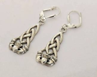  Sterling Silver Irish Claddagh Design Dangle Earrings (5.6 Grams)