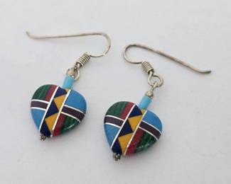  Southwestern Sterling Silver with Inlaid Stones Heart Shaped Dangle Earrings (1.7 Grams TW)
