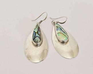 Signed ND Sterling Silver with Abalone Shell Teardrop Shape Dangle Earrings (8.3 Grams)