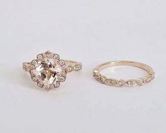 14K Rose Gold with Morganite Stone & Diamonds Wedding Ring Set - Size 6 (4.5 Grams TW)
