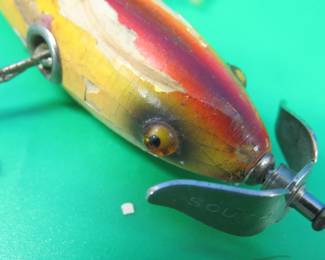 Lot 223. Vintage wooden South Bend Three Treble Underwater Minnow {#}903.