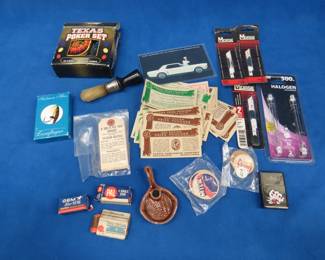 Lot 293. Railroad luggage tags, Sailor Jerry lighter, playing cards, and more