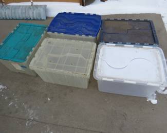 Lot 361. Never lose a lid again. Five 12-gallon totes with attached lids.