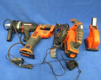 Lot 397. 3-piece set of Black & Decker 20-volt lithium tools including charger and two batteries (all working) and a Craftsman 1/2" electric drill