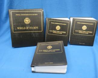Lot 452. Three Postal Commemorative Society US First Day Issue cachets booklets and a World Stamp booklet. Includes Sterilite tote.