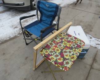 Lot 159. Igloo cooler, baby gate, TV tray, and a folding chair