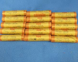 Lot 259. Fifteen rolls of wheat pennies. Dates range from 1940-1958.