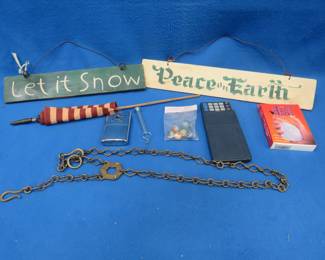 Lot 233. Signs, hand warmer, marbles in a bag, and more